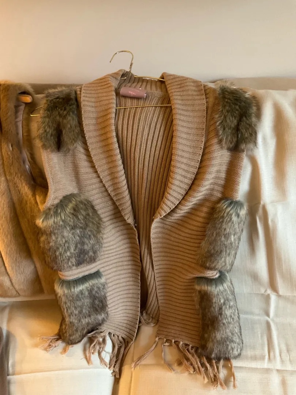 Romeo & Juliet Couture Beige Ribbed Vest with Faux Fur Patches